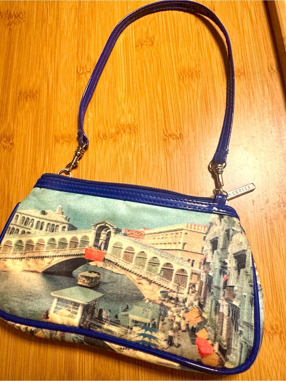 Blue Venice Print Wristlet Clutch with Removable Strap